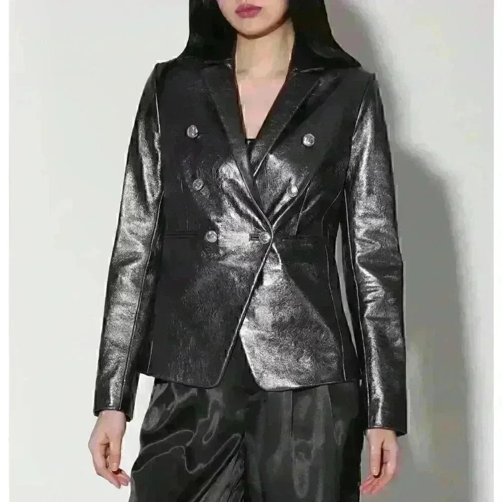 NWT WALTER BAKER Marley Double Breasted Metallic Leather Blazer SZ M in gunmetal